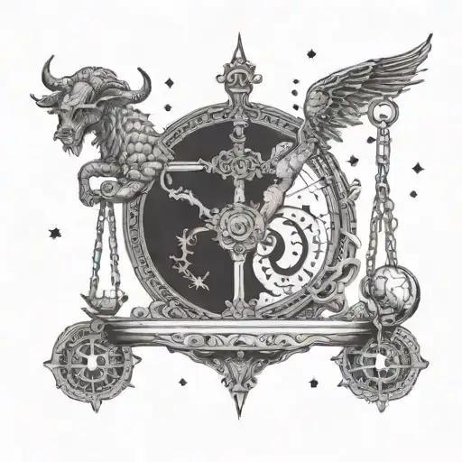 A balance scale with intricate horror-themed details on one side and zodiac symbols on the other, with a hidden scorpion and bull design tattoo design idea