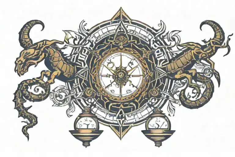 A mystical tattoo of a balance scale with a scorpion and bull on either side, with a touch of horror elements like skulls or bats tattoo design idea