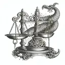 A mystical tattoo of a balance scale with a scorpion and bull on either side, with a touch of horror elements like skulls or bats tattoo design idea