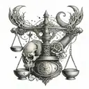 A mystical tattoo of a balance scale with a scorpion and bull on either side, with a touch of horror elements like skulls or bats tattoo design idea