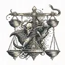 A mystical tattoo of a balance scale with a scorpion and bull on either side, with a touch of horror elements like skulls or bats tattoo design idea