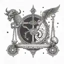 A balance scale with intricate horror-themed details on one side and zodiac symbols on the other, with a hidden scorpion and bull design tattoo design idea