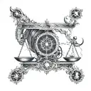 A balance scale with intricate horror-themed details on one side and zodiac symbols on the other, with a hidden scorpion and bull design tattoo design idea