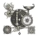 A balance scale with intricate horror-themed details on one side and zodiac symbols on the other, with a hidden scorpion and bull design tattoo design idea