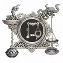 A balance scale with intricate horror-themed details on one side and zodiac symbols on the other, with a hidden scorpion and bull design tattoo design idea