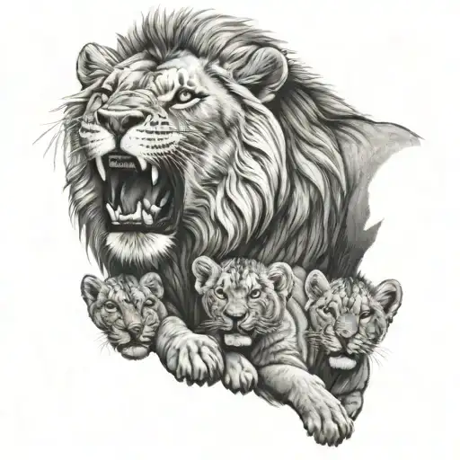 roaring lion with a crown holding 4 baby cubs  tattoo design idea