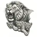 roaring lion with a crown holding 4 baby cubs  tattoo design idea