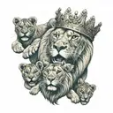 roaring lion with a crown holding 4 baby cubs  tattoo design idea
