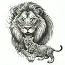 roaring lion with a crown holding 4 baby cubs  tattoo design idea