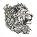 roaring lion with a crown holding 4 baby cubs  tattoo design idea