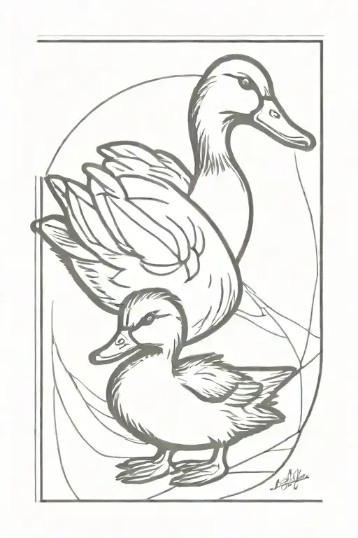 mother duck with duckling inside a simple postage stamp frame  tattoo design idea