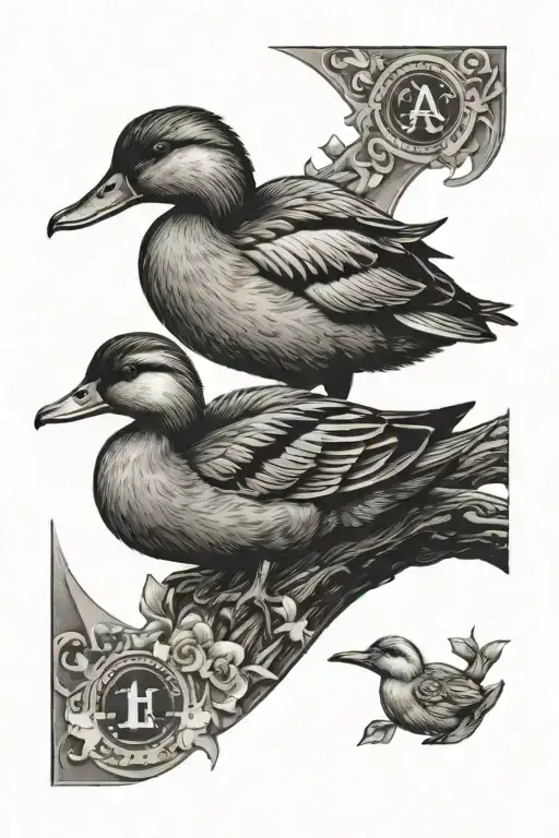 mother duck with duckling inside of a postage stamp frame  tattoo design idea