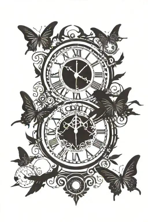 stairway to heaven with doves butterflys clock surrounded tattoo design idea