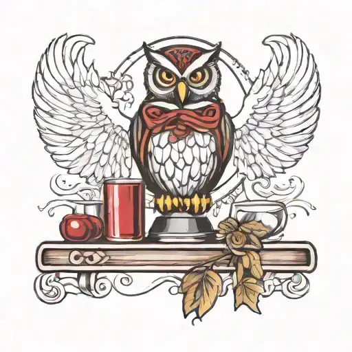 black and white tattoo design incorporating an owl, a balancing scale, a wine glass, and a book tattoo design idea