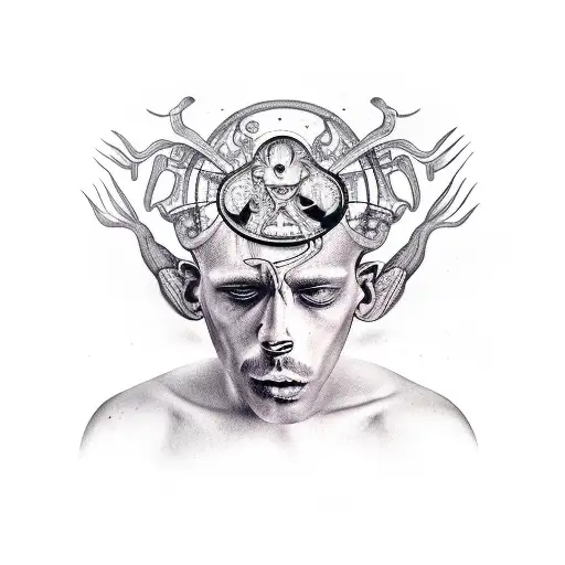 Surrealistic head representing a person with anxiety. tattoo design idea