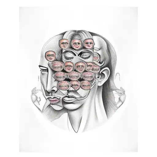 surrealistic face with several faces on the head, representing the anxiety in a person. tattoo design idea