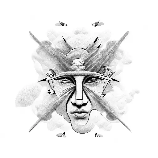 surrealistic face with several faces on the head, representing the anxiety in a person. tattoo design idea