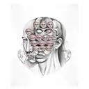 surrealistic face with several faces on the head, representing the anxiety in a person. tattoo design idea