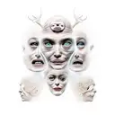 surrealistic face with several faces on the head, representing the anxiety in a person. tattoo design idea
