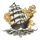 Burning ship sailing tattoo design idea