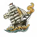 Burning ship sailing tattoo design idea