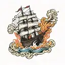 Burning ship sailing tattoo design idea