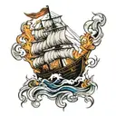 Burning ship sailing tattoo design idea