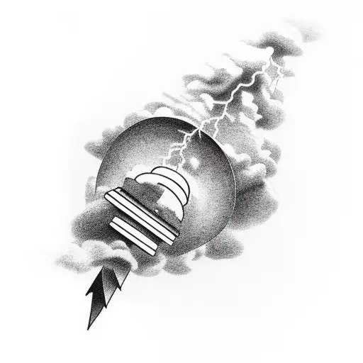 upper arm clouds with lightning fading to cross on lower arm with stairs tattoo design idea