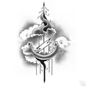 upper arm clouds with lightning fading to cross on lower arm with stairs tattoo design idea
