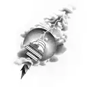 upper arm clouds with lightning fading to cross on lower arm with stairs tattoo design idea