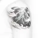 upper arm clouds with lightning fading to cross on lower arm with stairs tattoo design idea