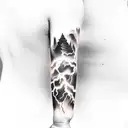 upper arm clouds with lightning fading to cross on lower arm with stairs tattoo design idea