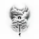 upper arm clouds with lightning fading to cross on lower arm with stairs tattoo design idea