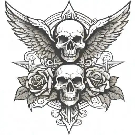 Cross with eagle wings, 2 skulls with 1 skull on the bottom left and bottom right of the cross with black roses tattoo design idea