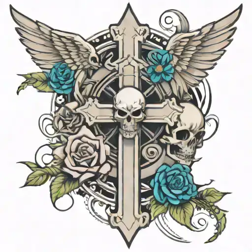Cross with eagle wings, 2 skulls with 1 skull on the bottom left and bottom right of the cross with black roses tattoo design idea