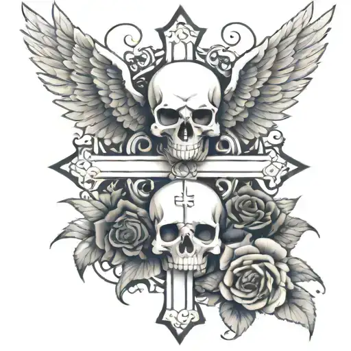 Cross with eagle wings, 2 skulls with 1 skull on the bottom left and bottom right of the cross with black roses tattoo design idea