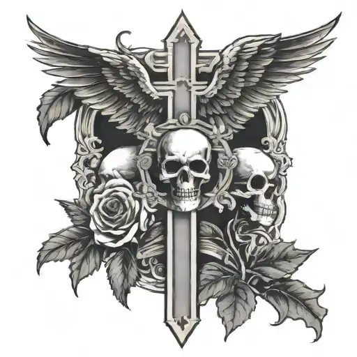 Cross with eagle wings, 2 skulls with 1 skull on the bottom left and bottom right of the cross with black roses tattoo design idea