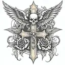 Cross with eagle wings, 2 skulls with 1 skull on the bottom left and bottom right of the cross with black roses tattoo design idea