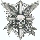 Cross with eagle wings, 2 skulls with 1 skull on the bottom left and bottom right of the cross with black roses tattoo design idea