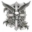 Cross with eagle wings, 2 skulls with 1 skull on the bottom left and bottom right of the cross with black roses tattoo design idea