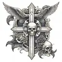 Cross with eagle wings, 2 skulls with 1 skull on the bottom left and bottom right of the cross with black roses tattoo design idea