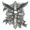 Cross with eagle wings, 2 skulls with 1 skull on the bottom left and bottom right of the cross with black roses tattoo design idea