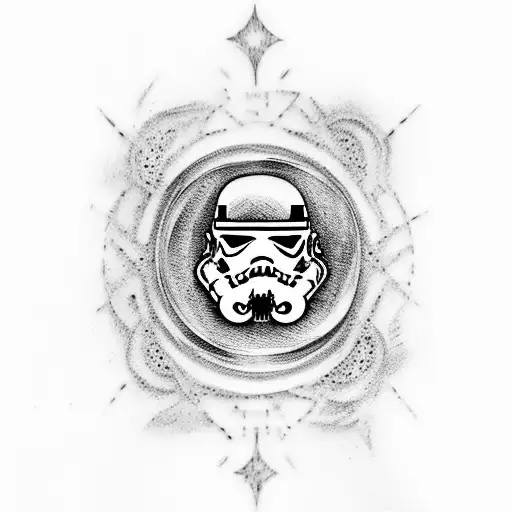 A dotwork tattoo portraying a stormtrooper helmet adorned with Avenged Sevenfold symbols tattoo design idea