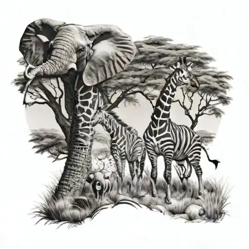 Zebra, Elephant and giraffe in the Serengeti National Park tattoo design idea