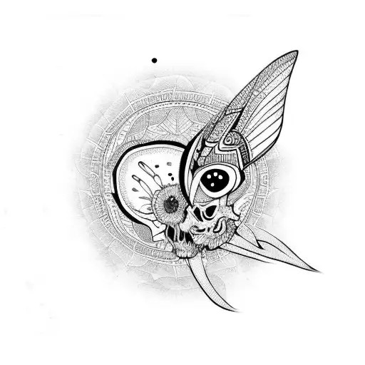 moth getting out of a skull's mouth with mandala as background  tattoo design idea