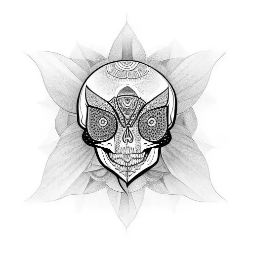 moth getting out of a skull's mouth with mandala as background  tattoo design idea