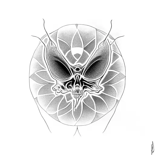 moth getting out of a skull's mouth with mandala as background  tattoo design idea