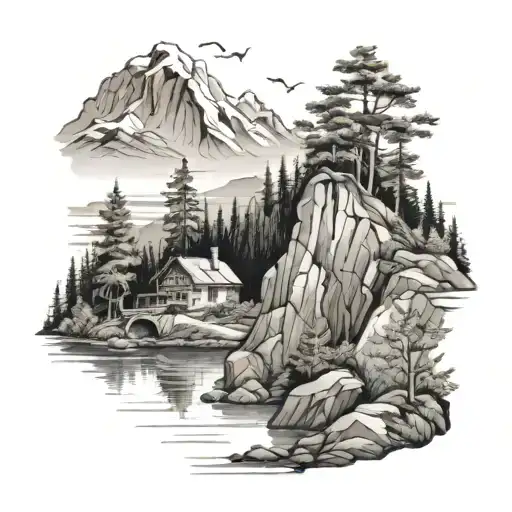 Swiss mountain landscape overlooking a lake. A cuckoo and an excavator should be seen. The coordinates 46°41’30.1″N 7°48 tattoo design idea