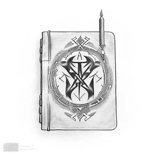 A spell book open to a page filled with intricate runes and magical symbols tattoo design idea