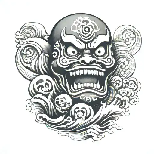 Japanese, hannyazura, Daruma doll, skull, sea wave tattoo design idea
